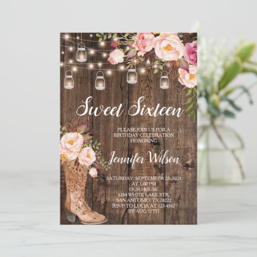 Sweet 16 Rustic Boho Blues String Lights Einladung (Stehend Vorderseite)