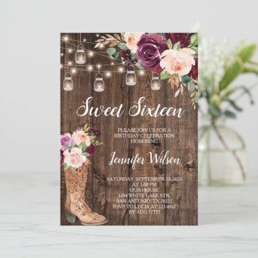 Sweet 16 Rustic Boho Blumenstrauß Lights Invitati Einladung (Stehend Vorderseite)