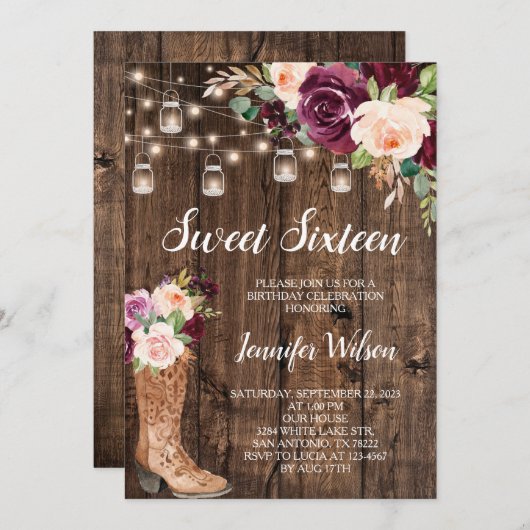 Sweet 16 Rustic Boho Blumenstrauß Lights Invitati Einladung (Vorne/Hinten)