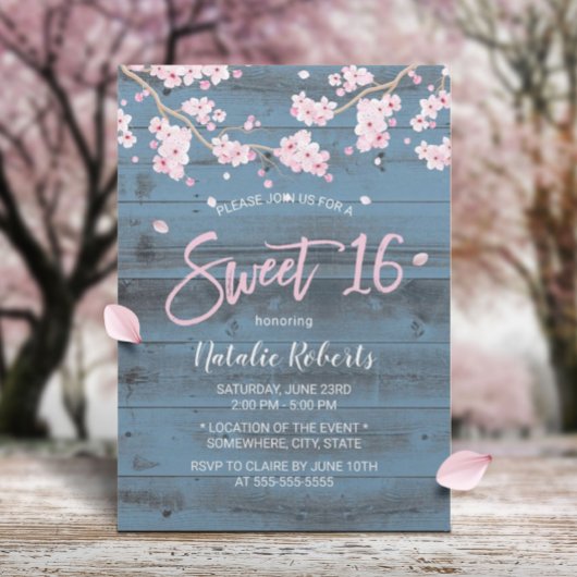 Sweet 16 Rustic Cherry Blossom Blume Dusty Blue Einladung