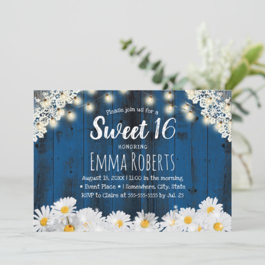 Sweet 16 Rustic Daisy Blume String Lights Navy Einladung (Stehend Vorderseite)