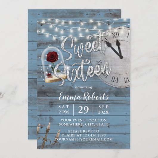 Sweet 16 Rustic Fairy Tale Dusty Blue Barn Wood Einladung (Vorne/Hinten)