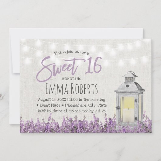 Sweet 16 Rustic Lavendel Floral Weiße Laterne Einladung (Vorderseite)