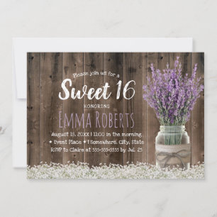 Sweet 16 Rustic Lavender Floral Jar Elegant Wood Einladung