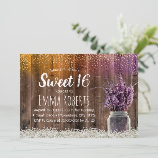 Sweet 16 Rustic Lavender Floral Jar Gold Confetti Einladung (Stehend Vorderseite)