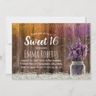 Sweet 16 Rustic Lavender Floral Jar Gold Confetti Einladung