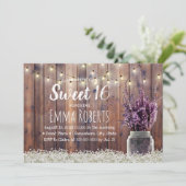 Sweet 16 Rustic Lavender Floral Jar String Lights Einladung (Stehend Vorderseite)