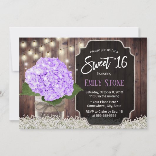 Sweet 16 Rustic Lila Hydrangea Blume Mason Jar Einladung (Vorderseite)