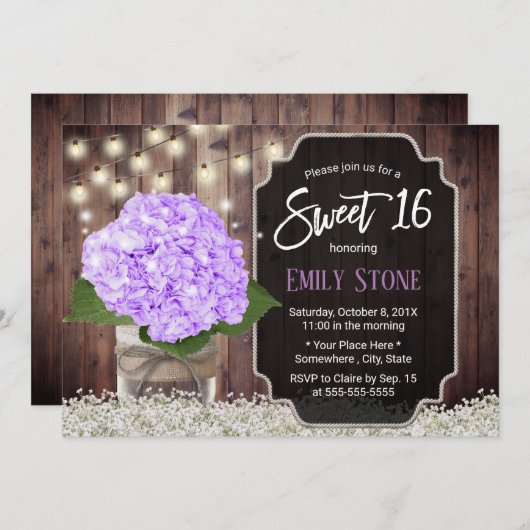 Sweet 16 Rustic Lila Hydrangea Blume Mason Jar Einladung (Vorne/Hinten)