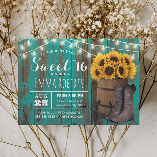 Sweet 16 Rustic Sonnenblume Aquamariner Western Co Einladung