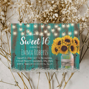 Sweet 16 Rustic Sonnenblume Jar Aquamarin Stallhol Einladung