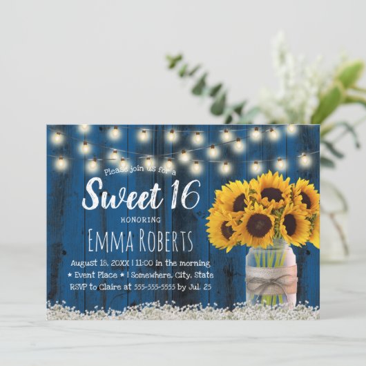 Sweet 16 Rustic Sunflower Jar Navy Barn Wood Einladung (Stehend Vorderseite)