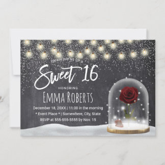 Sweet 16 Rustic Winter Beauty Rose Dome Chalkboard Einladung