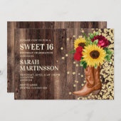 Sweet 16 Rustic Wood Boots Sonnenblumen Rote Rosen Einladung (Vorne/Hinten)