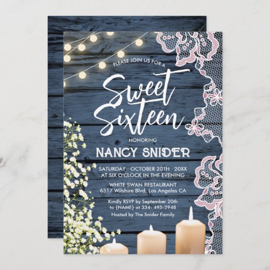 Sweet 16 rustikal blaue Holzbalken hell modern Einladung (Vorne/Hinten)