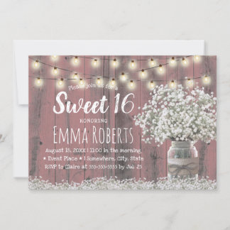 Sweet 16 Rustikale Babys atmen Blumenkohl Jar Pink Einladung