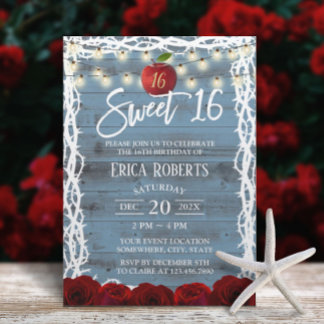 Sweet 16 Rustikale Märchenschnee Weiß Dusty Blau Einladung