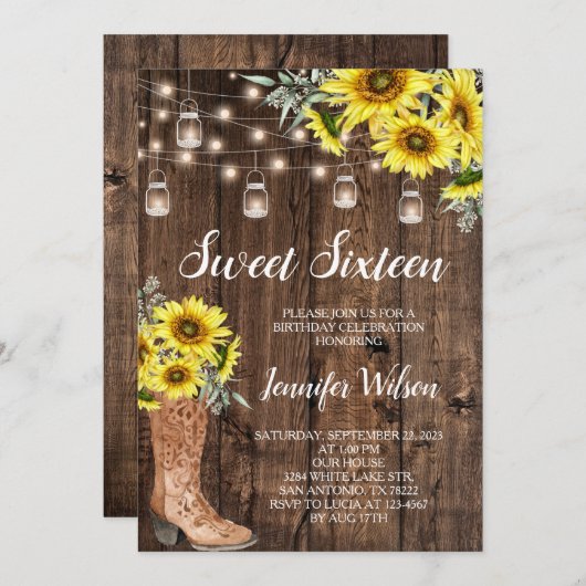 Sweet 16 rustikale Sonnenblumen String Lights Einladung (Vorne/Hinten)