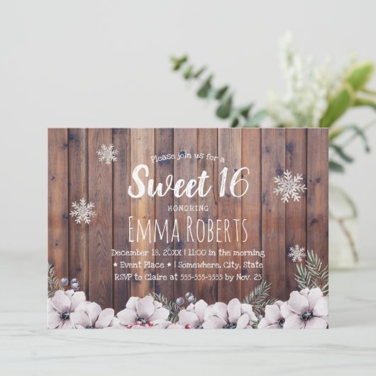 Sweet 16 Rustikale Winter Floral Schneeflocken Einladung (Stehend Vorderseite)