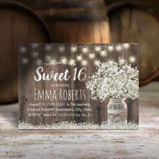 Sweet 16 Rustikales Gipskraut Floral Jar Barn Wood Einladung