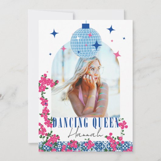 Sweet 16 Santorini Musical Bougainvillea mamma mia Einladung (Rückseite)