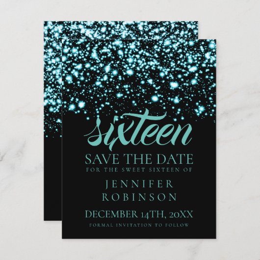 Sweet 16 "Save the Date" Aquamarin Midnight Glam Save The Date (Vorne/Hinten)