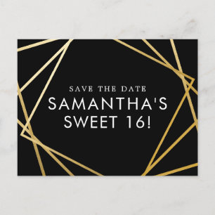 Sweet 16 Save the Date Black Gold Geometric Ankündigungspostkarte