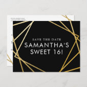 Sweet 16 Save the Date Black Gold Geometric Ankündigungspostkarte (Vorne/Hinten)