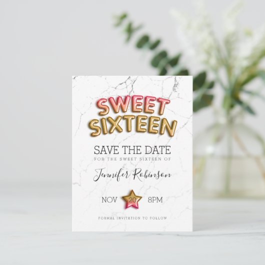 Sweet 16 Save the Date Blush Gold Balloons Glitzer (Stehend Vorderseite)