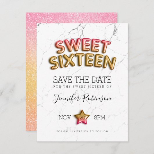 Sweet 16 Save the Date Blush Gold Balloons Glitzer (Vorne/Hinten)
