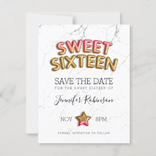 Sweet 16 Save the Date Blush Gold Balloons Glitzer