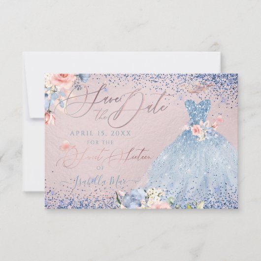 Sweet 16 Save the Date Dusty Blue Gown Einladung (Vorderseite)