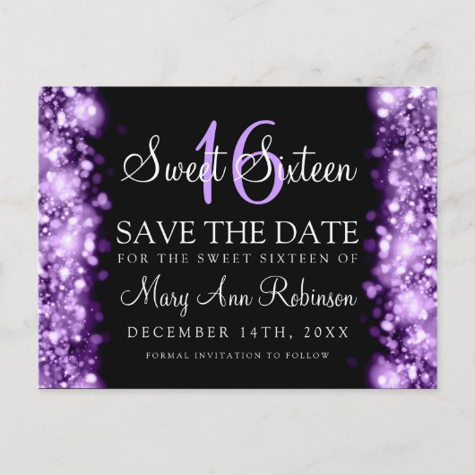 Sweet 16 "Save the Date" Funkellichter Lila Ankündigungspostkarte (Vorderseite)