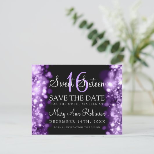 Sweet 16 "Save the Date" Funkellichter Lila Save The Date (Stehend Vorderseite)