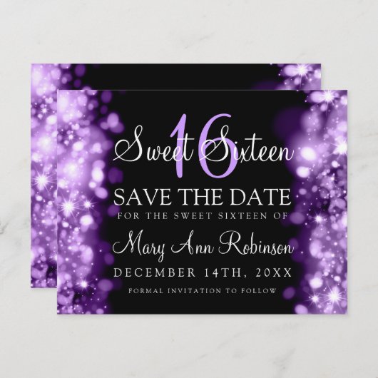 Sweet 16 "Save the Date" Funkellichter Lila Save The Date (Vorne/Hinten)