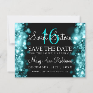 Sweet 16 Save the Date funkelnde Lichter Aquamarin