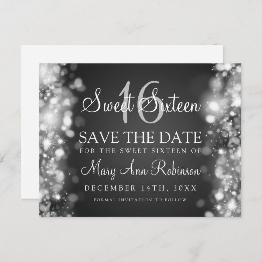 Sweet 16 "Save the Date" funkelnde Lichter Silber Ankündigungspostkarte (Vorne/Hinten)