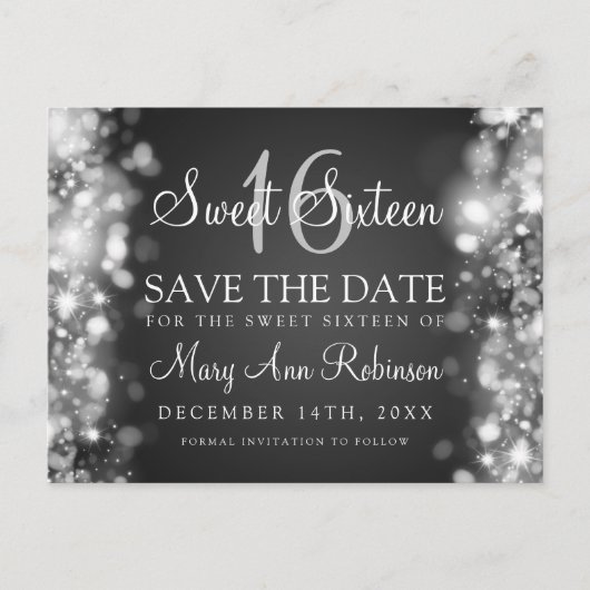 Sweet 16 "Save the Date" funkelnde Lichter Silber Ankündigungspostkarte (Vorderseite)