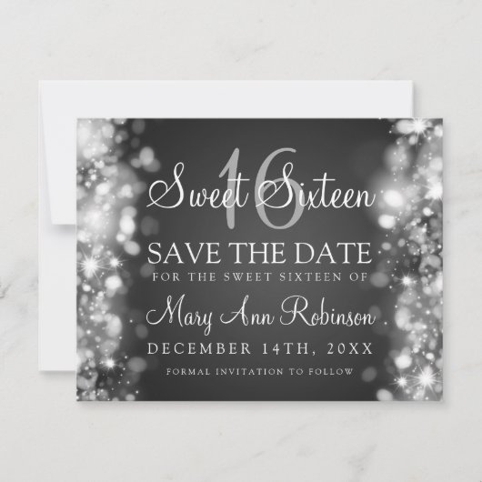 Sweet 16 "Save the Date" funkelnde Lichter Silber Save The Date (Vorderseite)