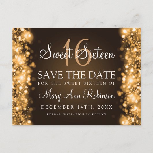 Sweet 16 "Save the Date" funkelnde Lights Gold Ankündigungspostkarte (Vorderseite)