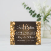 Sweet 16 "Save the Date" funkelnde Lights Gold Ankündigungspostkarte (Stehend Vorderseite)