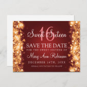 Sweet 16 "Save the Date" funkelnde Lights Gold Red Ankündigungspostkarte (Vorne/Hinten)