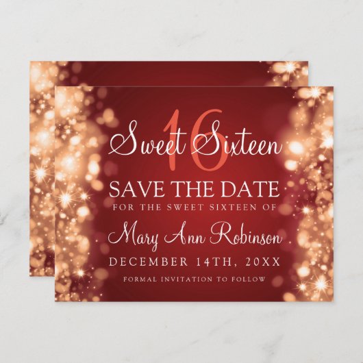 Sweet 16 "Save the Date" funkelnde Lights Red Gold Save The Date (Vorne/Hinten)