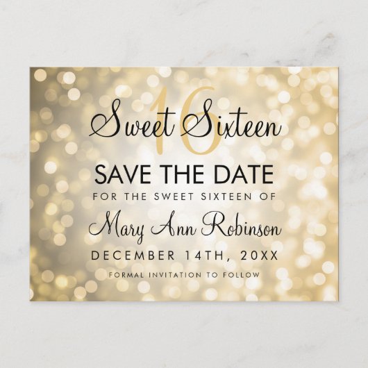 Sweet 16 Save the Date Gold Glitzer Lights Ankündigungspostkarte (Vorderseite)