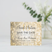 Sweet 16 Save the Date Gold Glitzer Lights Ankündigungspostkarte (Stehend Vorderseite)