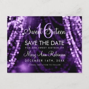 Sweet 16 "Save the Date" Lila String Lights Ankündigungspostkarte