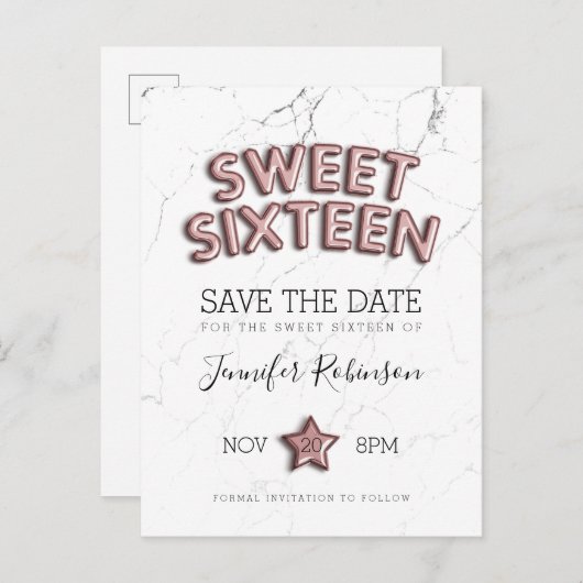 Sweet 16 Save the Date Rose Gold Balloons Glitzer Ankündigungspostkarte (Vorne/Hinten)