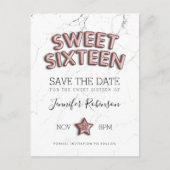 Sweet 16 Save the Date Rose Gold Balloons Glitzer Ankündigungspostkarte (Vorderseite)