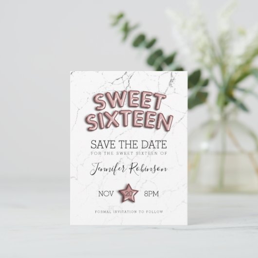 Sweet 16 Save the Date Rose Gold Balloons Glitzer Ankündigungspostkarte (Stehend Vorderseite)