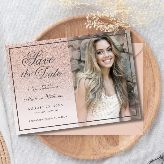 Sweet 16 Save the Date Rose Gold Glitzer Foto